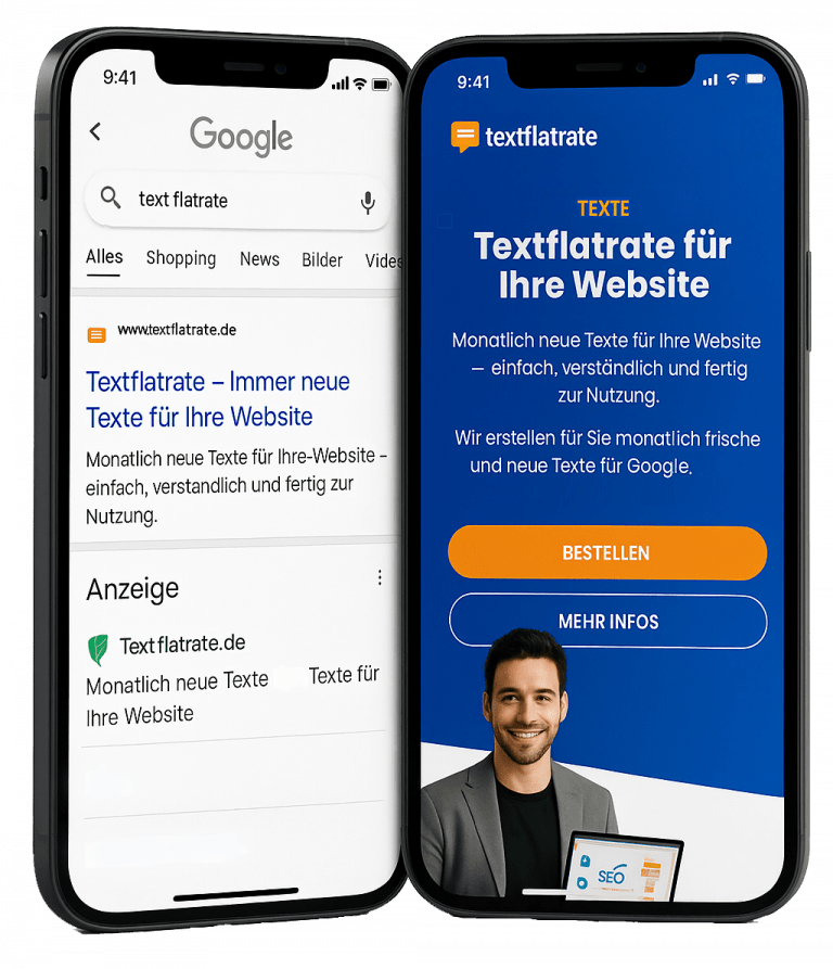 2 Handys mit Google Serps und der Website textflatrate.de
